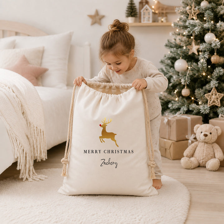 Personalised Merry Christmas Gold Reindeer Canvas Santa Sack