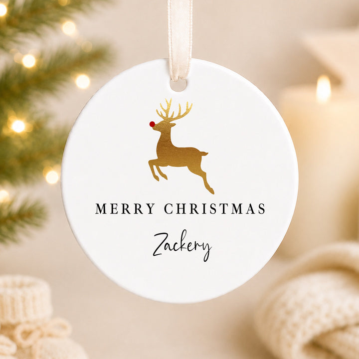 Personalised Gold Reindeer Merry Christmas Ceramic Ornament