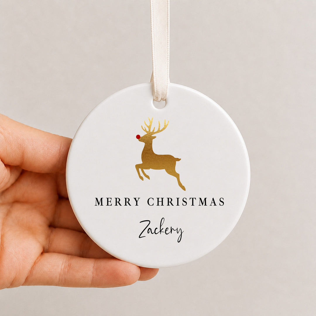 Personalised Gold Reindeer Merry Christmas Ceramic Ornament