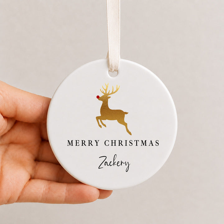 Personalised Gold Reindeer Merry Christmas Ceramic Ornament