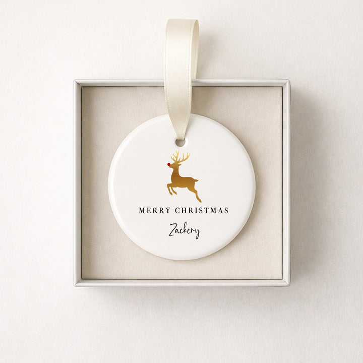 Personalised Gold Reindeer Merry Christmas Ceramic Ornament