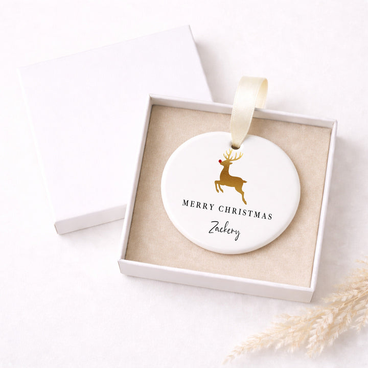 Personalised Gold Reindeer Merry Christmas Ceramic Ornament