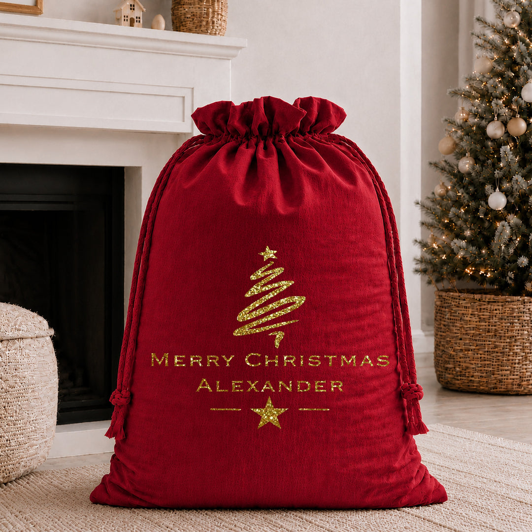 Personalised Gold Glitter Merry Christmas Velvet Santa Sack