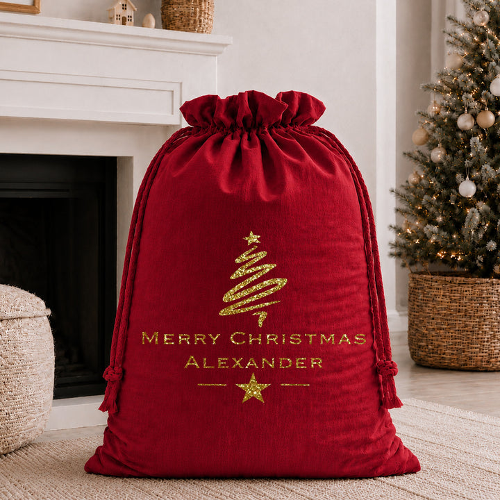 Personalised Gold Glitter Merry Christmas Velvet Santa Sack