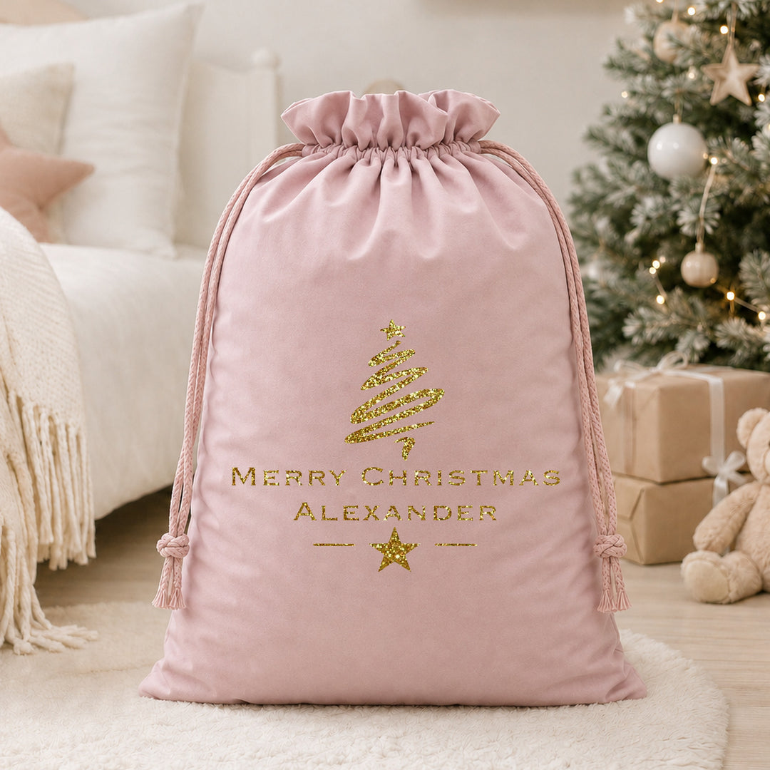 Personalised Gold Glitter Merry Christmas Velvet Santa Sack
