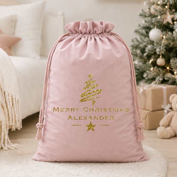 Personalised Gold Glitter Merry Christmas Velvet Santa Sack