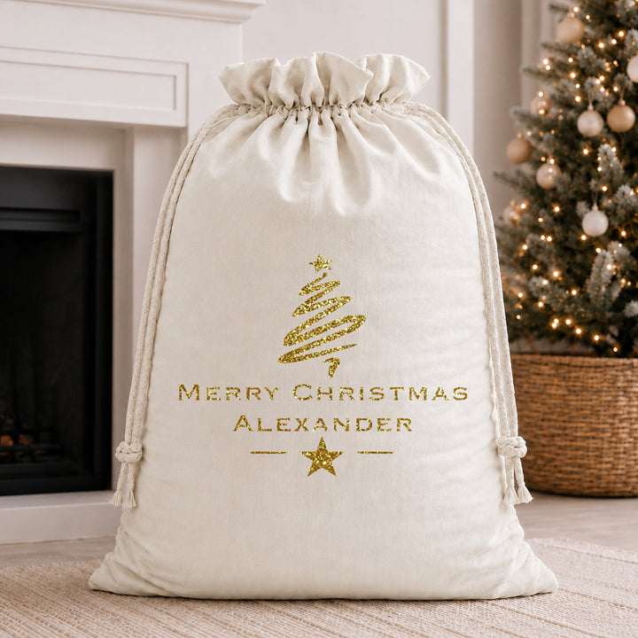 Personalised Gold Glitter Merry Christmas Velvet Santa Sack