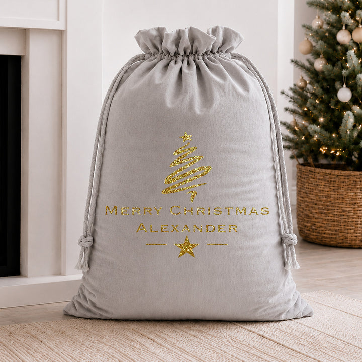 Personalised Gold Glitter Merry Christmas Velvet Santa Sack