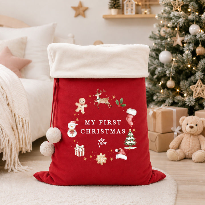Personalised Merry Christmas Gingerbread Fur Trim Christmas Santa Sack
