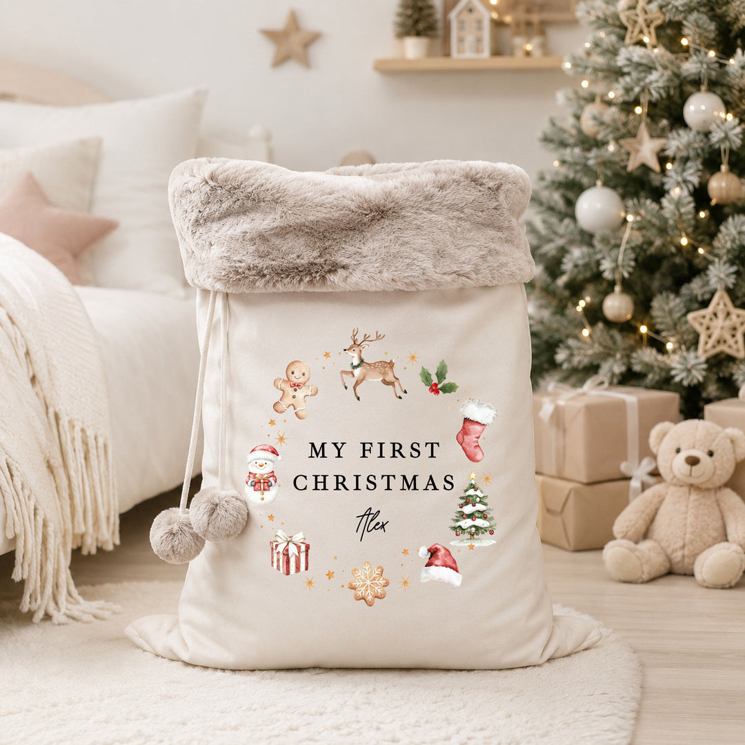 Personalised Merry Christmas Gingerbread Fur Trim Christmas Santa Sack