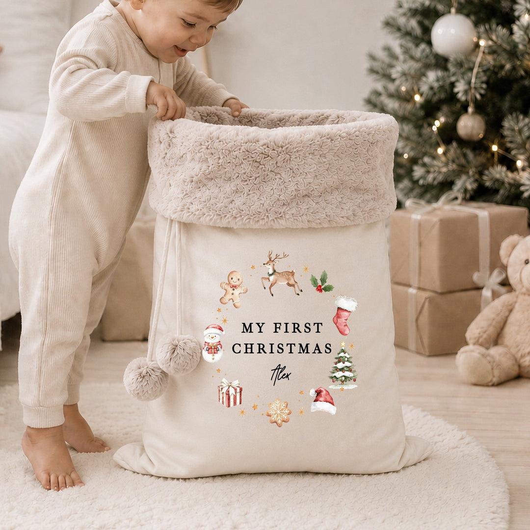 Personalised Merry Christmas Gingerbread Fur Trim Christmas Santa Sack