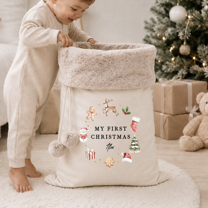 Personalised Merry Christmas Gingerbread Fur Trim Christmas Santa Sack