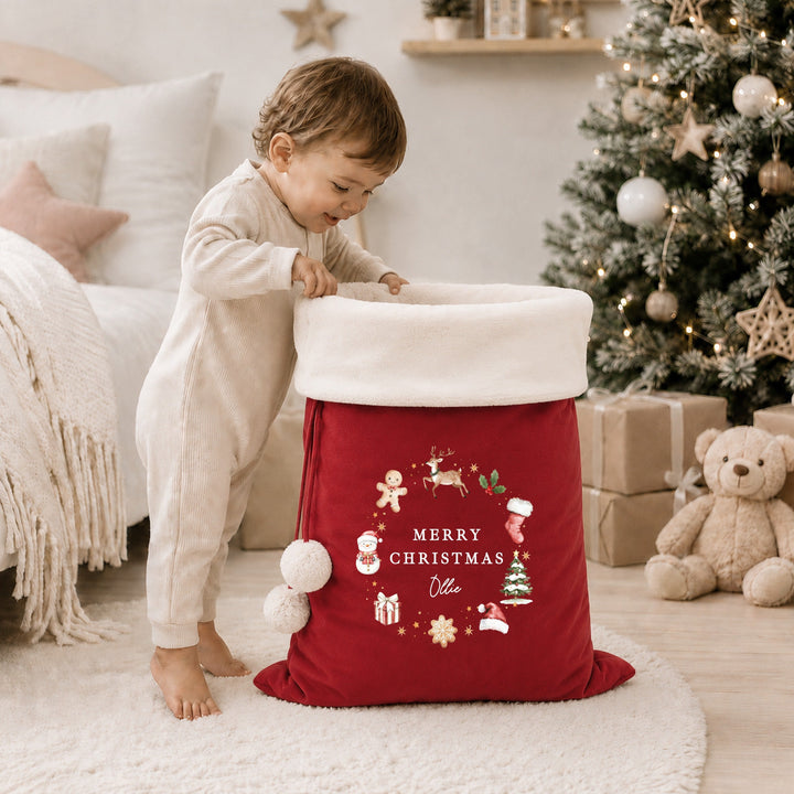 Personalised Merry Christmas Gingerbread Fur Trim Christmas Santa Sack
