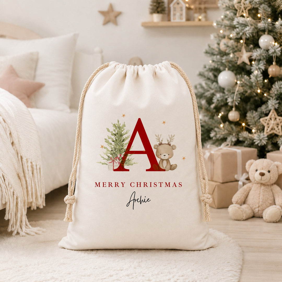 Personalised Merry Christmas Bear Reindeer Initial Canvas Santa Sack