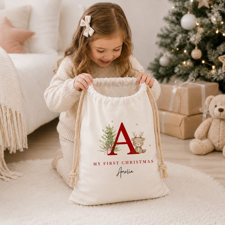 Personalised Merry Christmas Bear Reindeer Initial Canvas Santa Sack