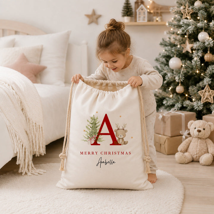 Personalised Merry Christmas Bear Reindeer Initial Canvas Santa Sack