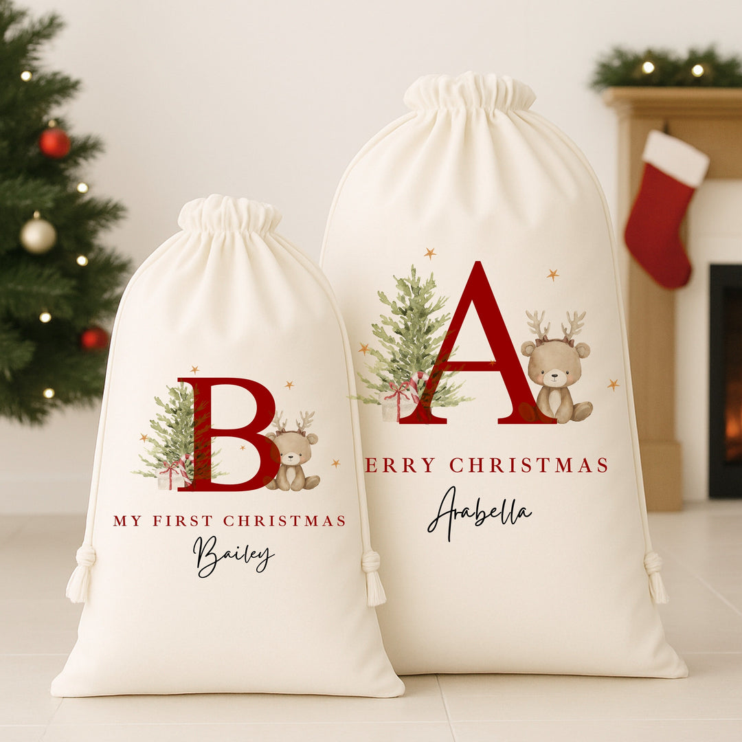 Personalised Merry Christmas Bear Reindeer Initial Canvas Santa Sack