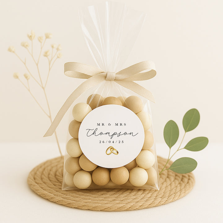 Personalised Gold Rings Wedding Favour Bag Stickers