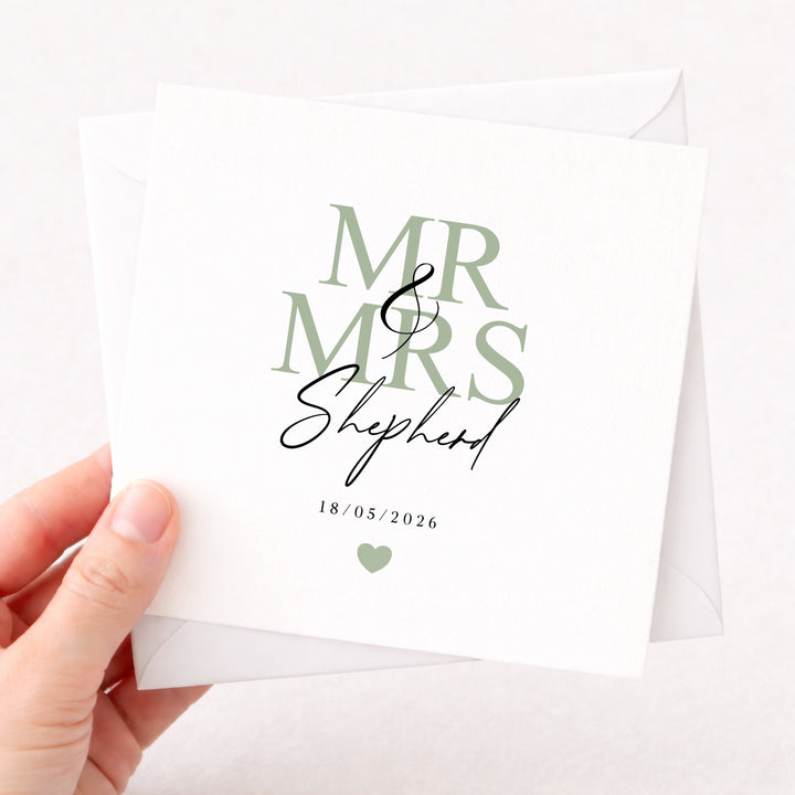 Personalised Sage Green Mr &amp; Mrs Wedding Card