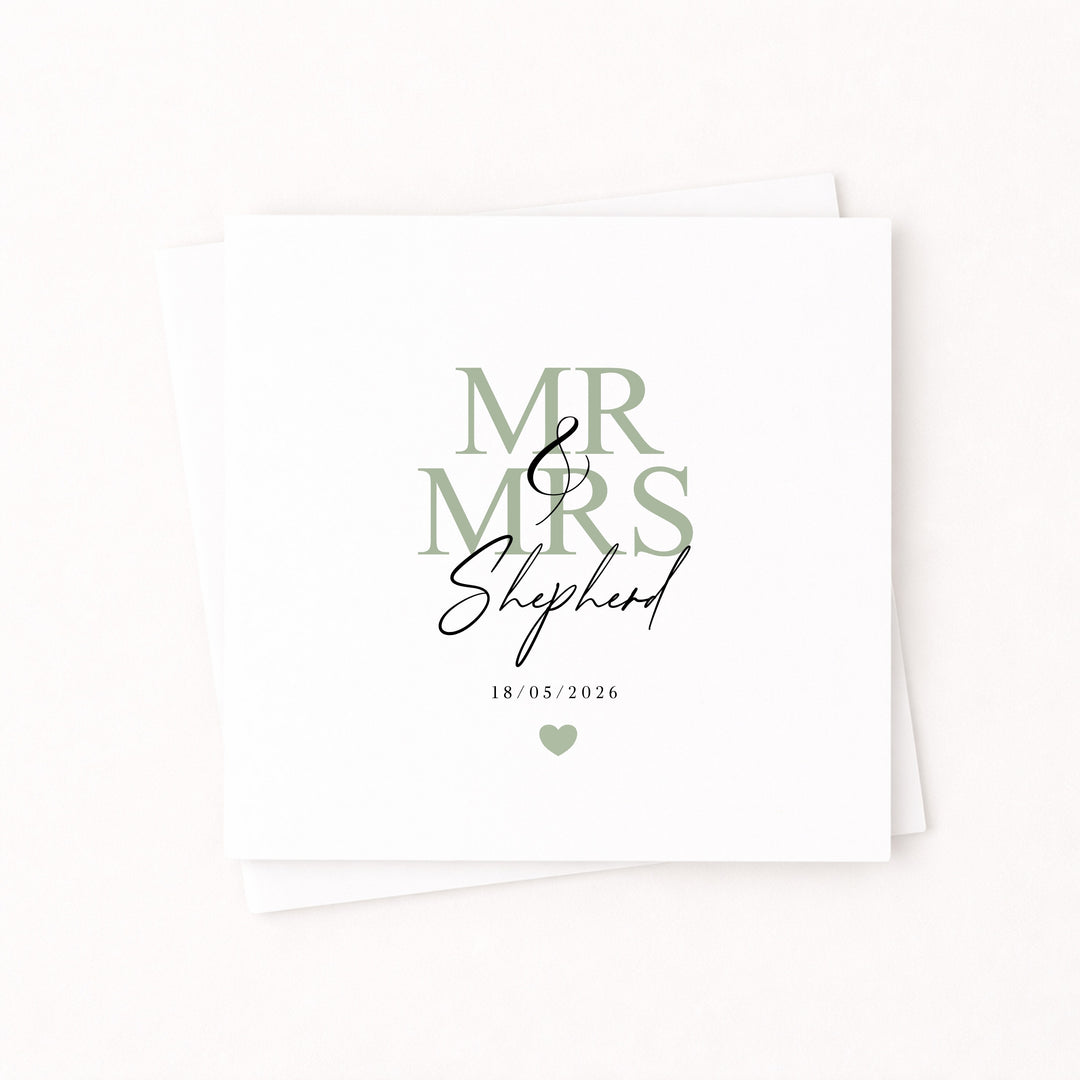 Personalised Sage Green Mr &amp; Mrs Wedding Card