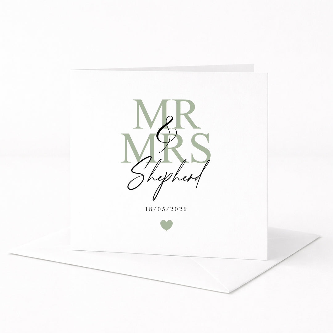 Personalised Sage Green Mr &amp; Mrs Wedding Card