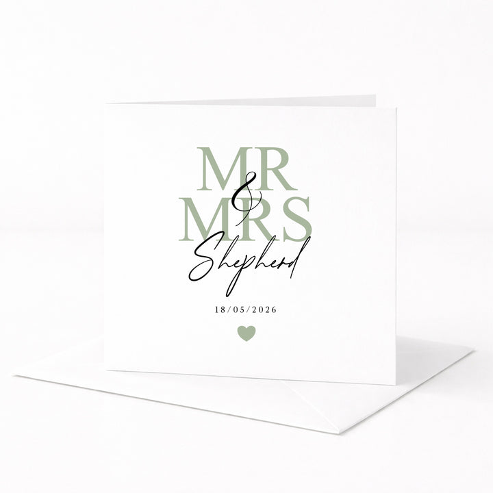 Personalised Sage Green Mr &amp; Mrs Wedding Card
