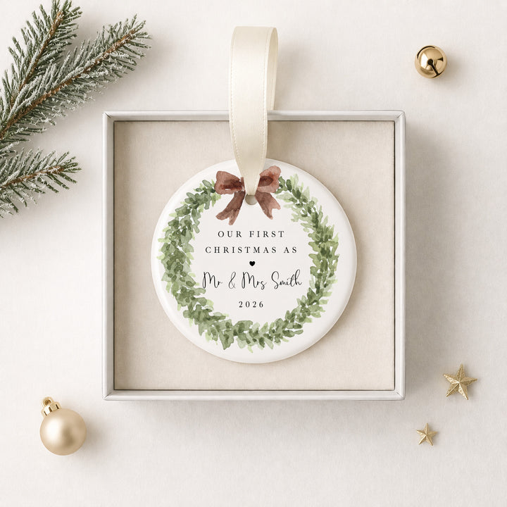Personalised Wreath Our First Christmas Married Bauble