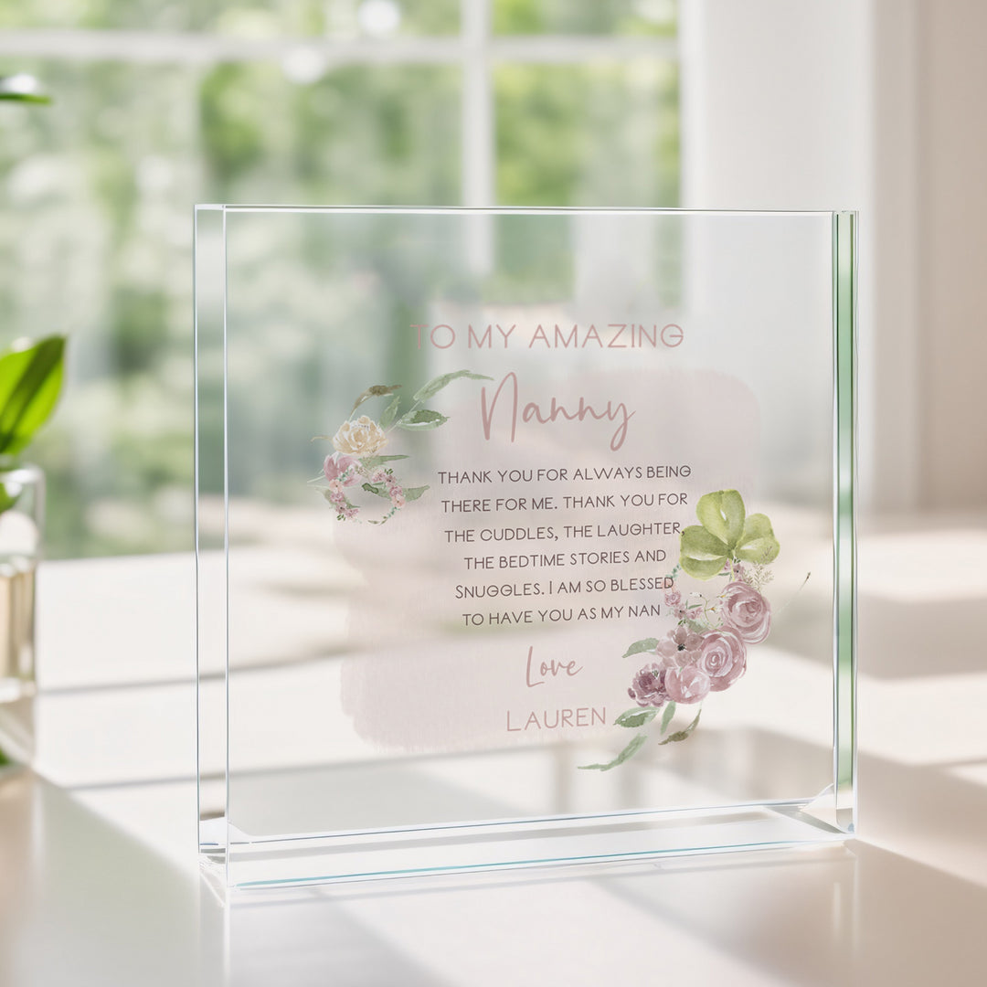 Personalised Pink Floral Amazing Nanny Acrylic Block