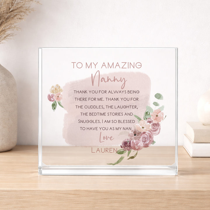 Personalised Pink Floral Amazing Nanny Acrylic Block