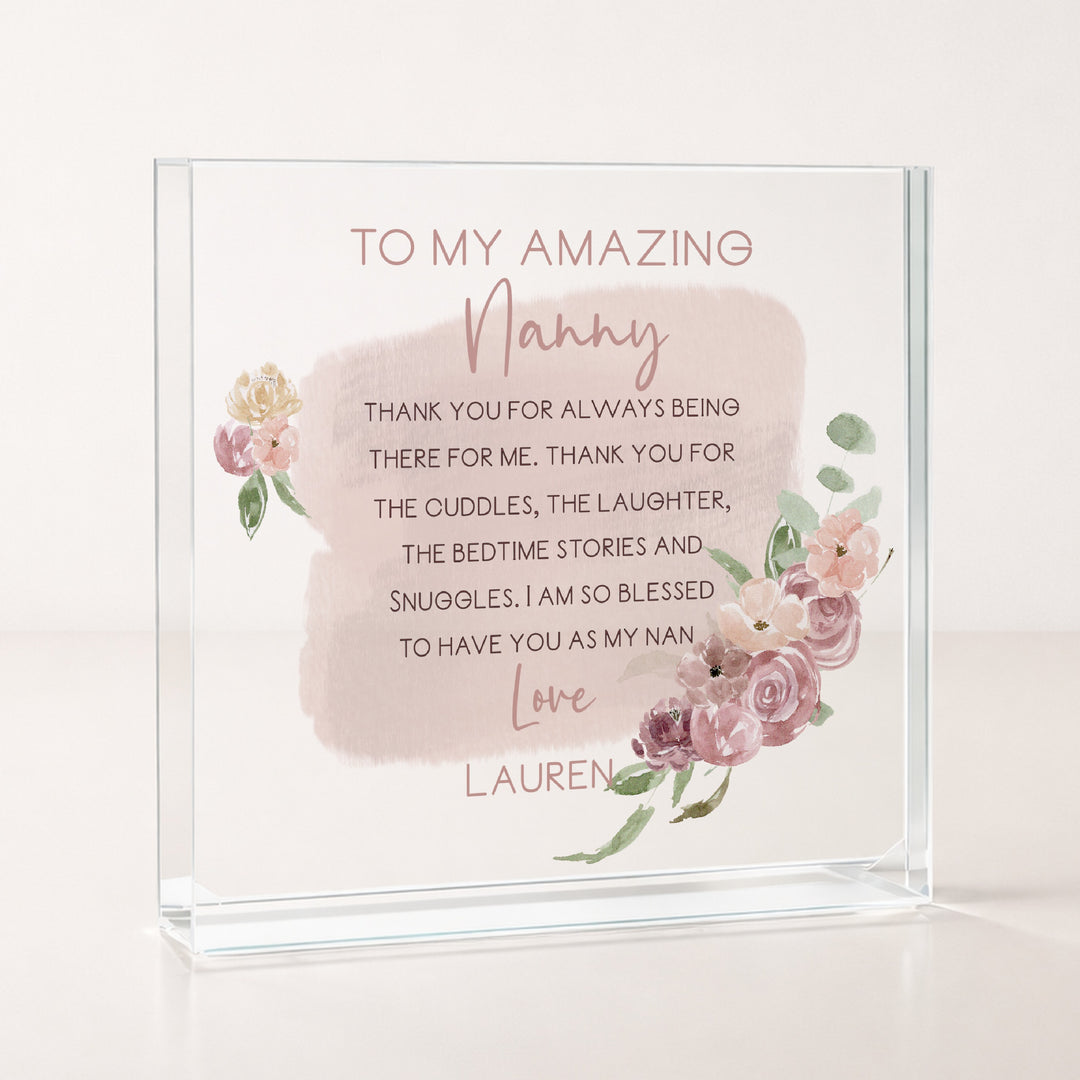 Personalised Pink Floral Amazing Nanny Acrylic Block