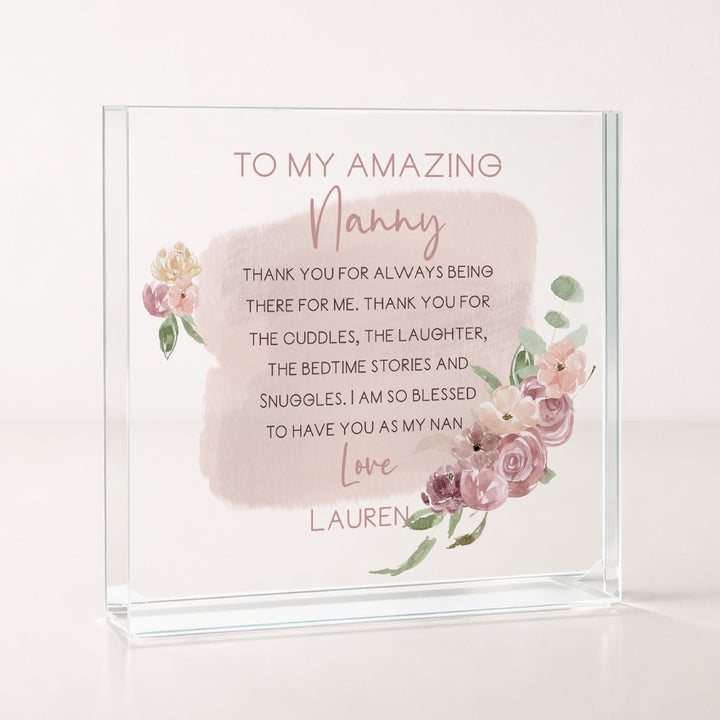 Personalised Pink Floral Amazing Nanny Acrylic Block