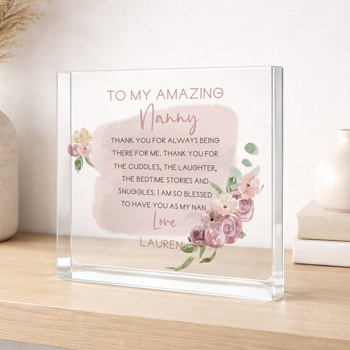 Personalised Pink Floral Amazing Nanny Acrylic Block
