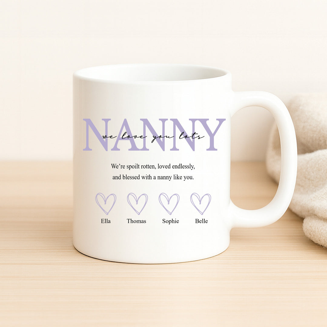 Personalised Purple Hearts We Love You Nanny Mug