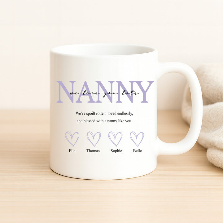 Personalised Purple Hearts We Love You Nanny Mug