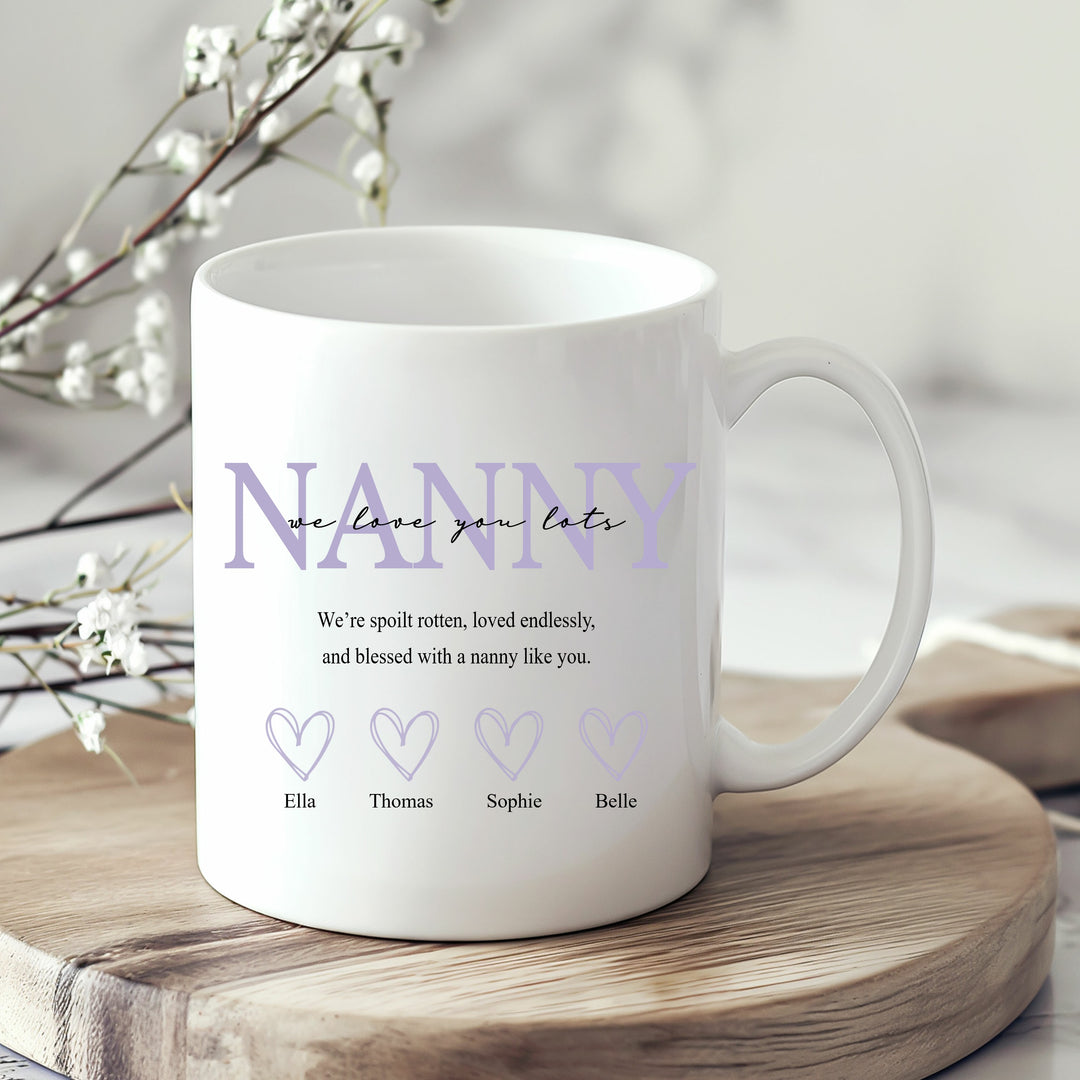 Personalised Purple Hearts We Love You Nanny Mug