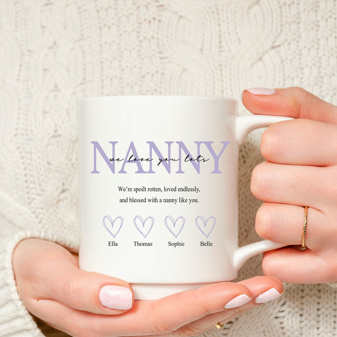 Personalised Purple Hearts We Love You Nanny Mug