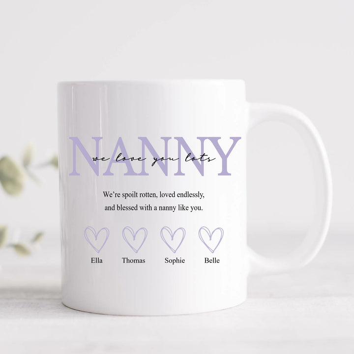 Personalised Purple Hearts We Love You Nanny Mug