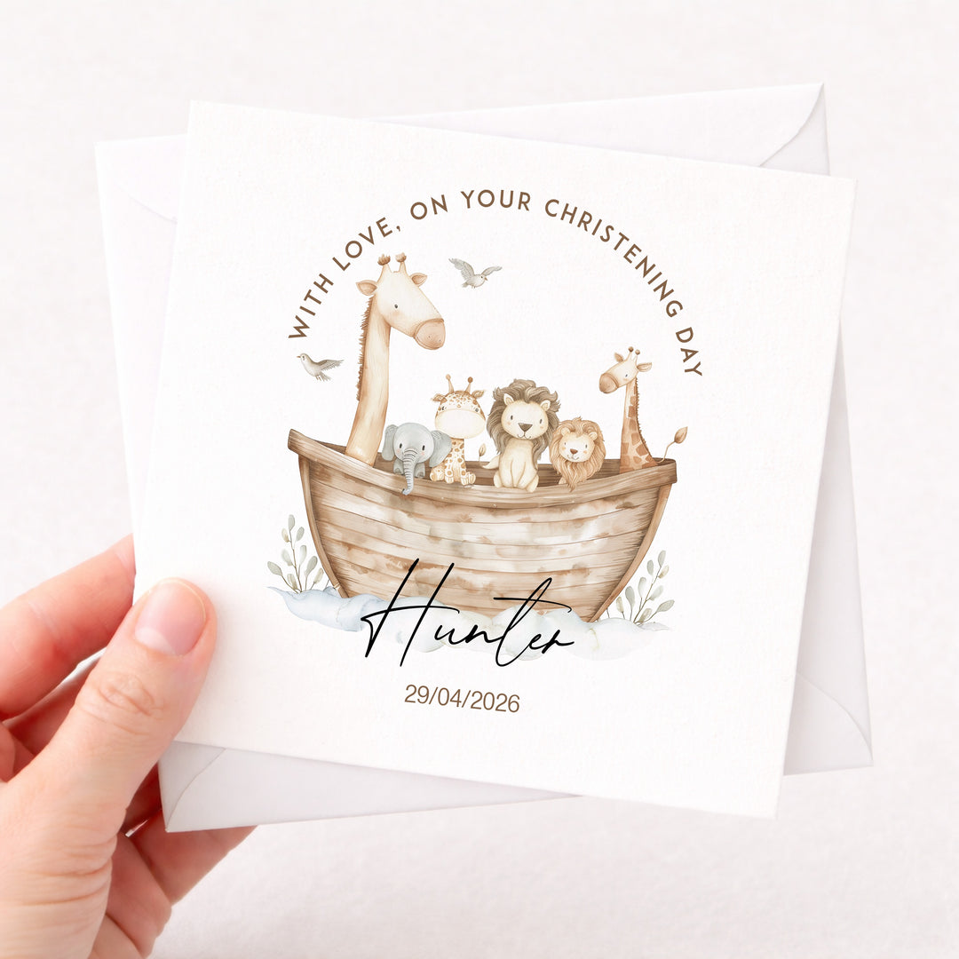 Personalised Animal Boat On Your Christening Day Card