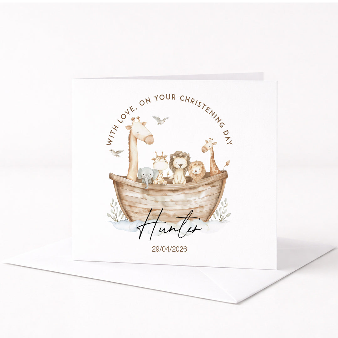 Personalised Animal Boat On Your Christening Day Card