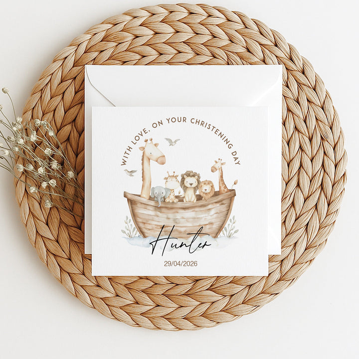 Personalised Animal Boat On Your Christening Day Card