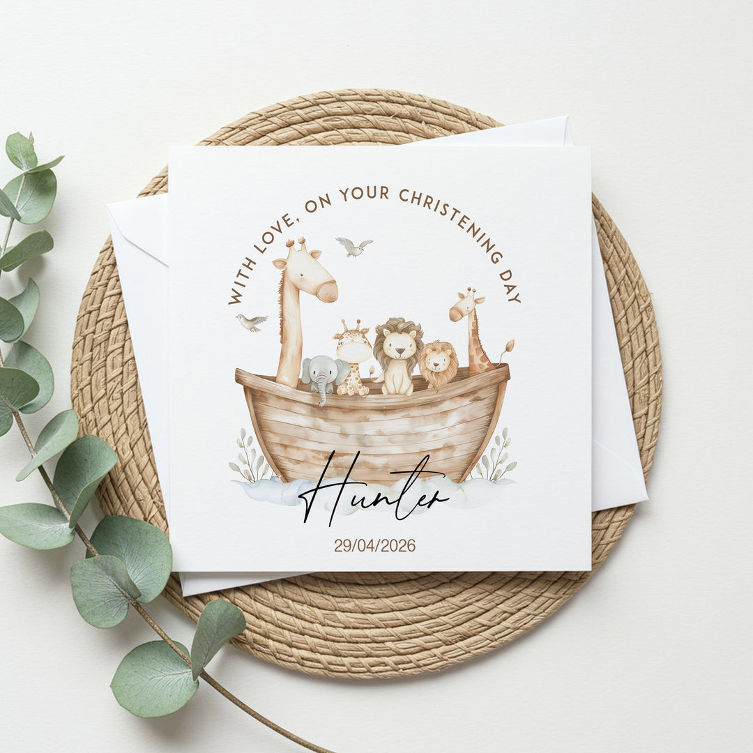 Personalised Animal Boat On Your Christening Day Card