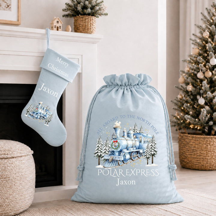 Personalised Christmas Blue Polar Express Stocking or Santa Sack