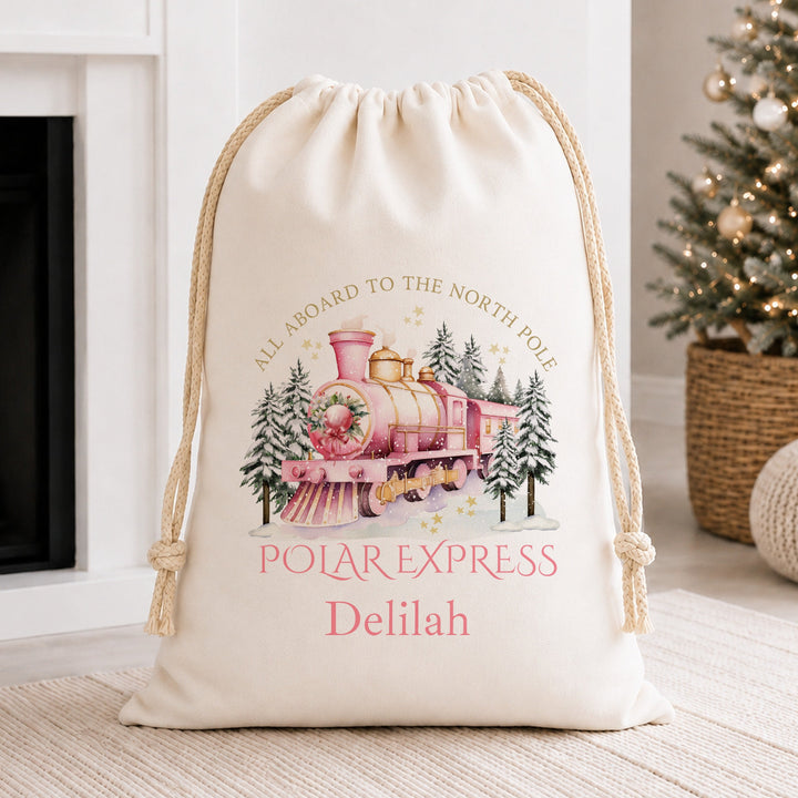 Personalised Christmas Pink Polar Express Canvas Santa Sack