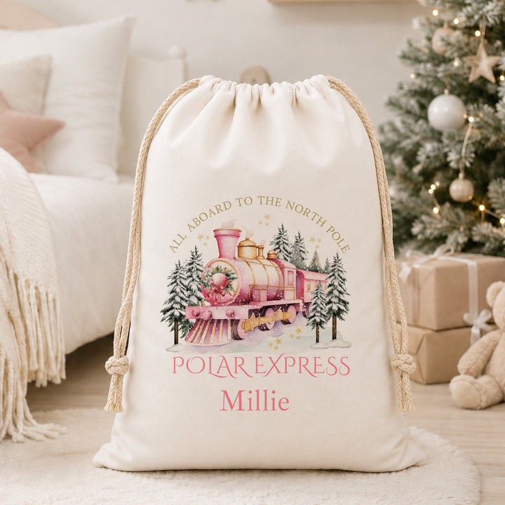 Personalised Christmas Pink Polar Express Canvas Santa Sack