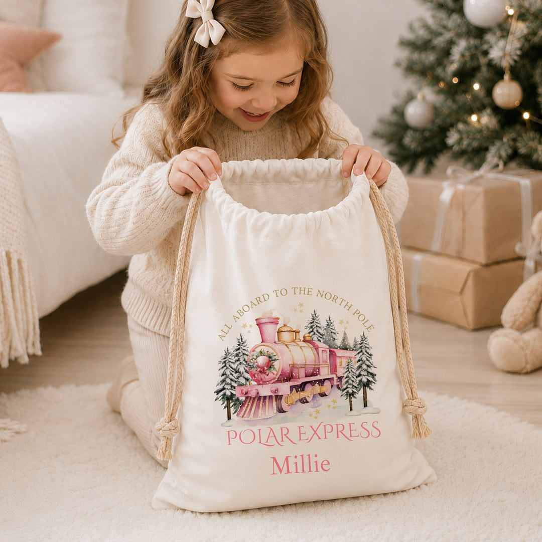 Personalised Christmas Pink Polar Express Canvas Santa Sack
