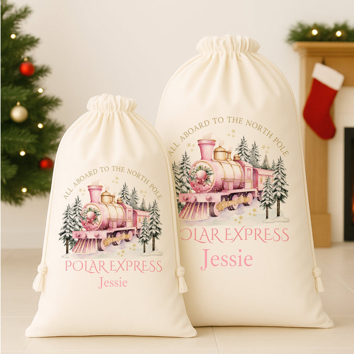 Personalised Christmas Pink Polar Express Canvas Santa Sack