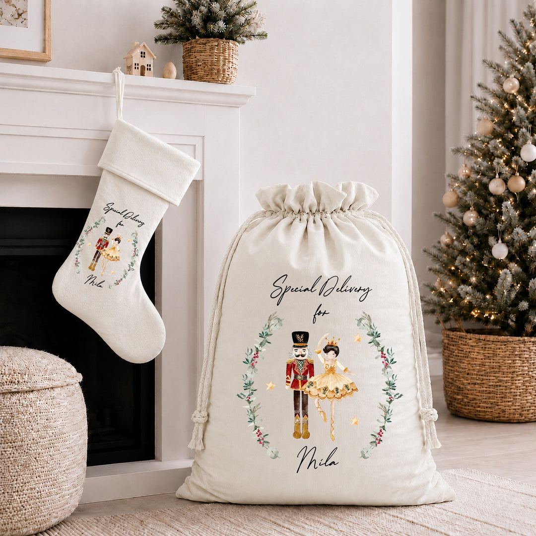 Personalised Nutcracker Wreath Christmas Stocking or Santa Sack