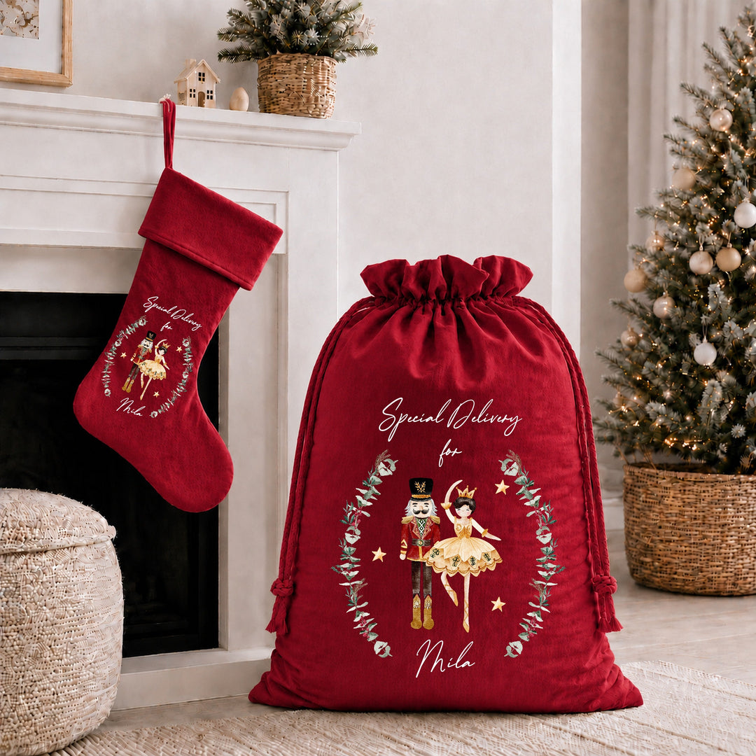 Personalised Nutcracker Wreath Christmas Stocking or Santa Sack