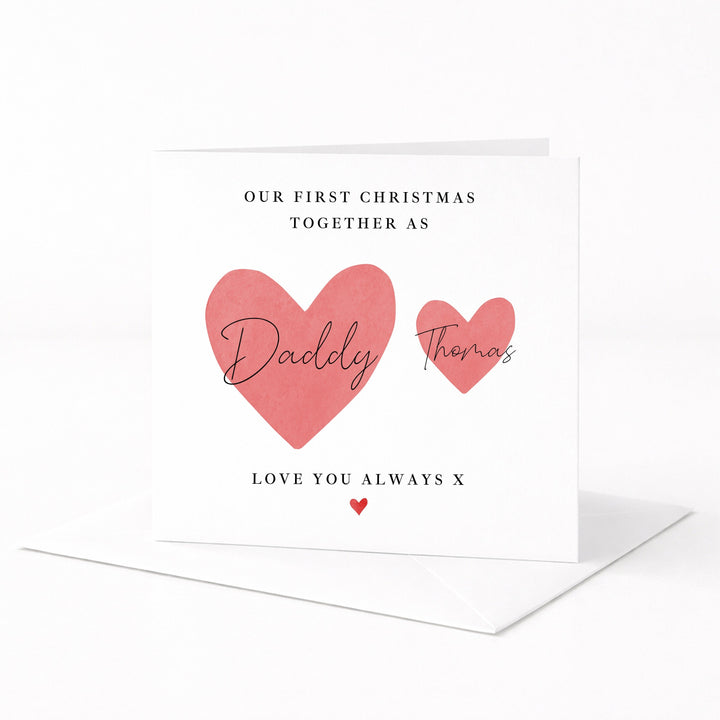 Personalised Red Hearts Daddy &amp; Me Our First Christmas Card