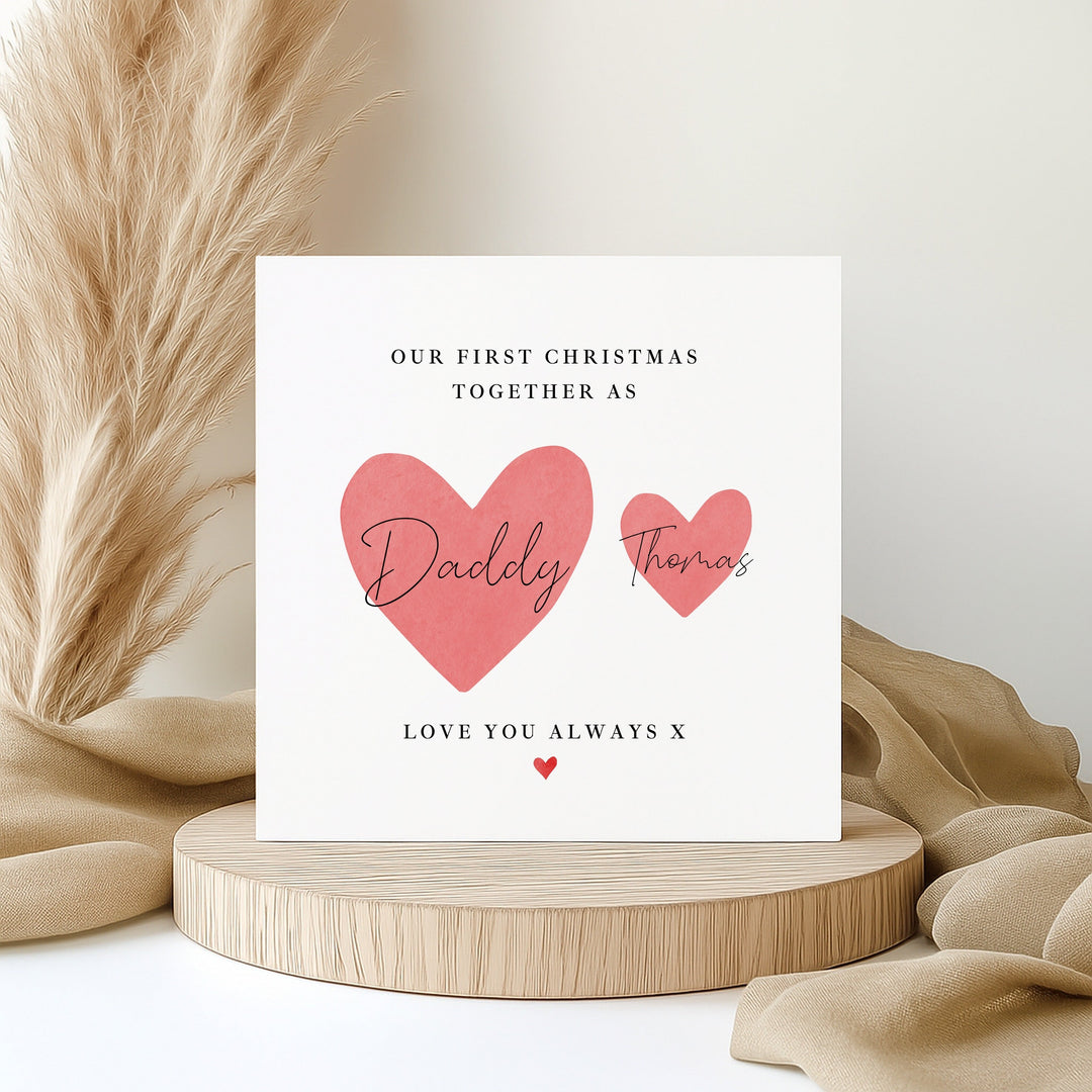 Personalised Red Hearts Daddy &amp; Me Our First Christmas Card